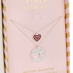 FAO Schwarz Fine Silver Red Heart Pendant Necklace Set Mother Daughter